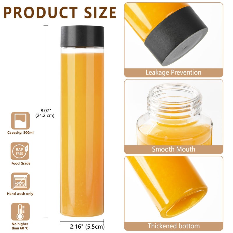 zmybcpack 12 Pack 16 OZ (500 ml) Clear PET Plastic Juice Bottles with Black Lids - Plastic Smoothie Bottles for Juice, Milk, Homemade Beverages - Image 2